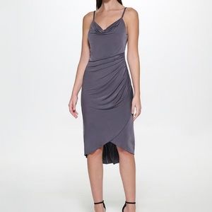 GUESS Stretch Crowl Neckline Sleeveless Ruched Wrap Tulip Hem Dress